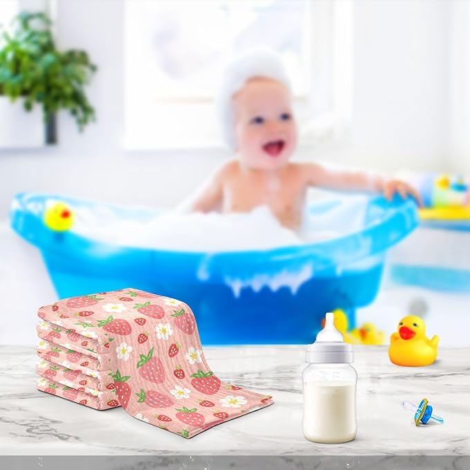 Strawberry Baby Muslin Washcloths 3 Pack, Absorbent Soft Cotton Baby Bath Face Towels Burp Cloths for Newborn Boys Girls, 12 x 12 Inch