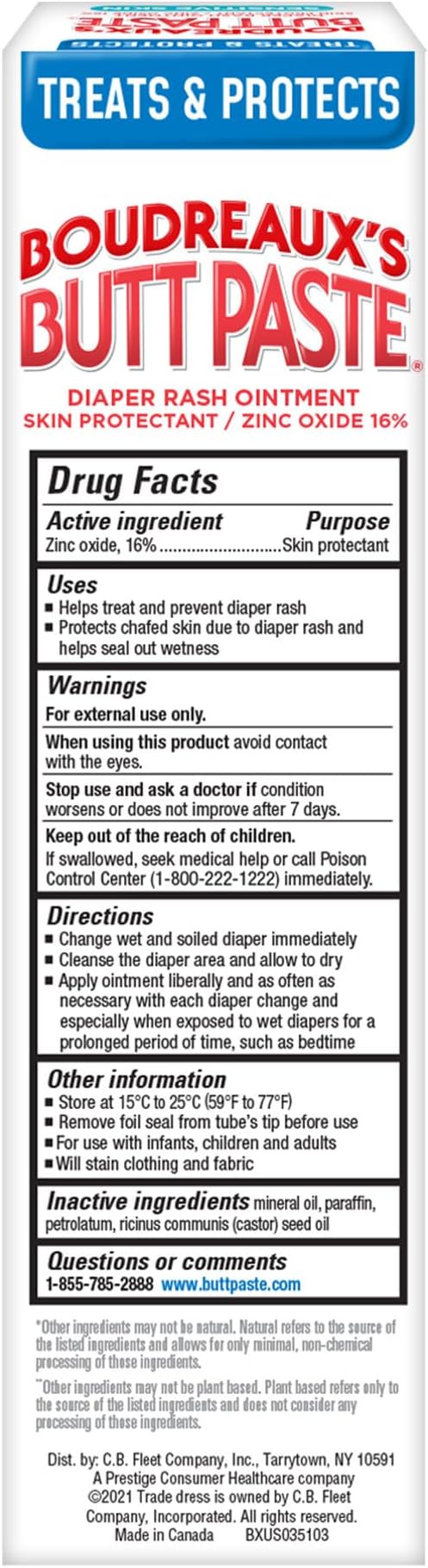 Boudreaux's Butt Paste for Sensitive Skin Diaper Rash Cream, Ointment for Baby, 4 oz Tube