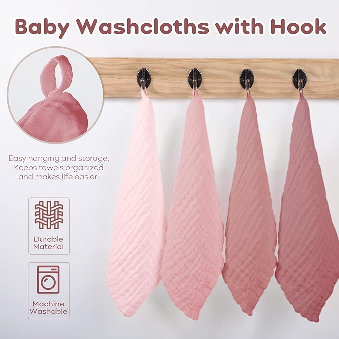 Yoofoss Muslin Baby Washcloths 100% Organic Cotton Face Towels 10 Pack Wash Cloths for Baby 12x12in Soft and Absorbent Baby Wipes (Gradient Pink)