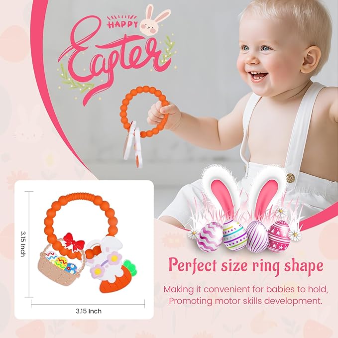 Silicone Baby Ring Toy with Two Teethers,Must Haves Teething Relief Chew Toys for 0-6,6-12 Months Boys and Girls,Newborns Essentials,Safe and Soft,BPA Free. (Easter)
