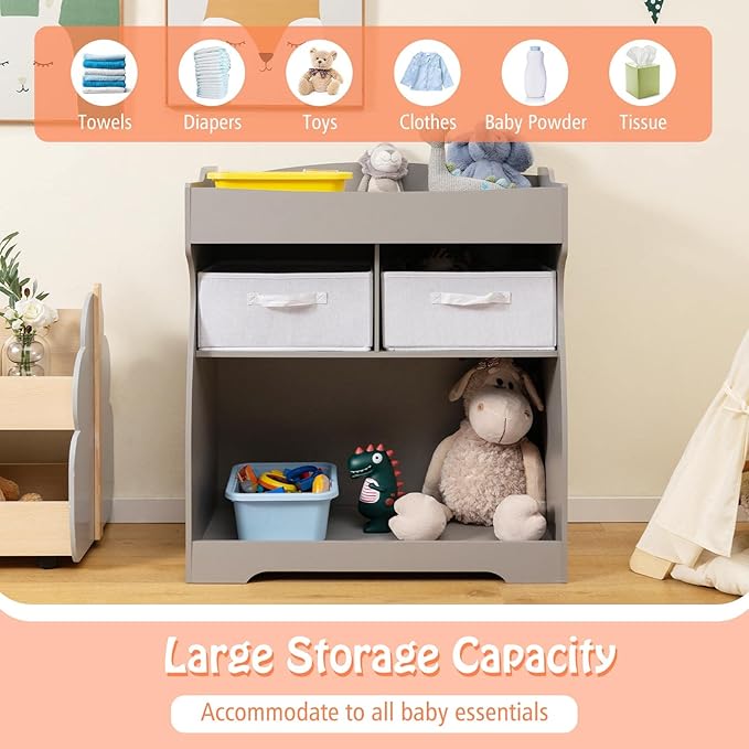 Costzon Baby Changing Table, 2 Drawer Infant Diaper Changing Station with Waterproof Changing Pad, Changing Table Dresser for Nursery (Gray)
