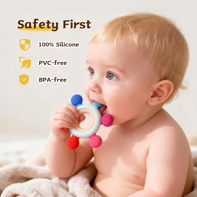 3 Packs Teether Rings for 0-6 6-12 Months Babies, Teething Toys with Pacifier Clip Holder, Baby Chew Toys for Sucking Needs, Baby Essentials