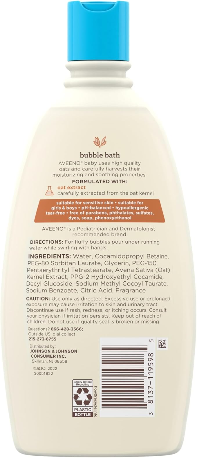 Aveeno Baby Sensitive Skin Bubble Bath with Oat Extract, Gently Cleanses and Leaves Skin Feeling Hydrated, Tear-Free Formula, Hypoallergenic, Paraben-, Phthalate-, Soap- & Dye-Free, 19.2 fl. Oz