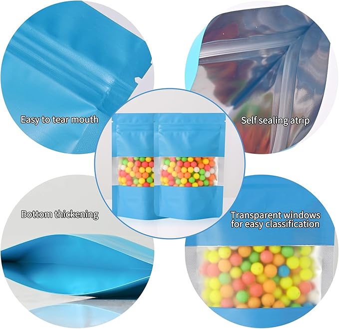 100 Smell Proof Mylar Bags, Resealable Food Storage Bags with Clear Window, Stand-up Foil Pouch for Self Sealing Storage Supplies (Blue, 3.5 x 5 Inch)