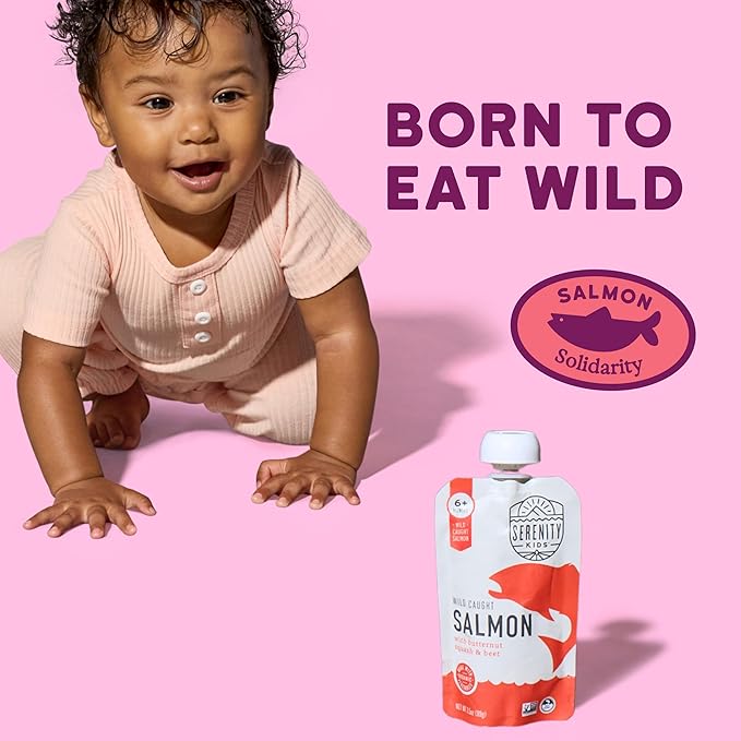Serenity Kids 6+ Month Salmon Baby Food Pouches - No Added Sugar with Butternut Squash & Beet - BPA-Free Pouches for Infant Travel Essentials - 3.5 Oz, Pack of 12