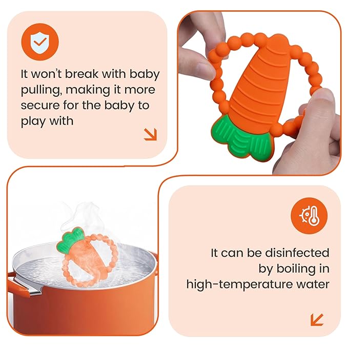Silicone Baby Ring Teether Toy,Must Haves Teething Relief Chew Toys for 0-6,6-12 Months Boys and Girls,Newborns Essentials,Safe and Soft,BPA Free. (Carrot)