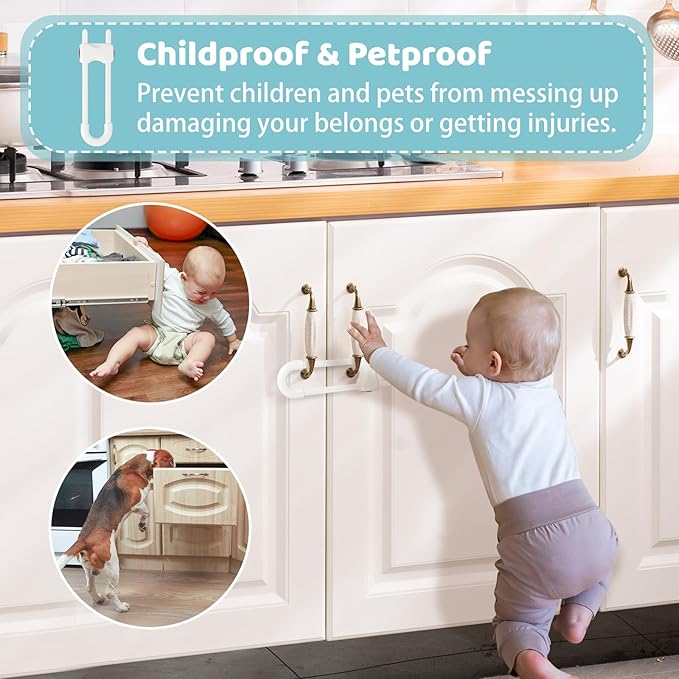 Baby Proofing Cabinets, Sliding Cabinet Locks for Babies, Adjustable U Shaped Baby Safety Locks, Childproof Cabinet Latch for Kitchen, Bathroom, Drawer, Cupboard Doors Knobs & Handles (10Pack White)