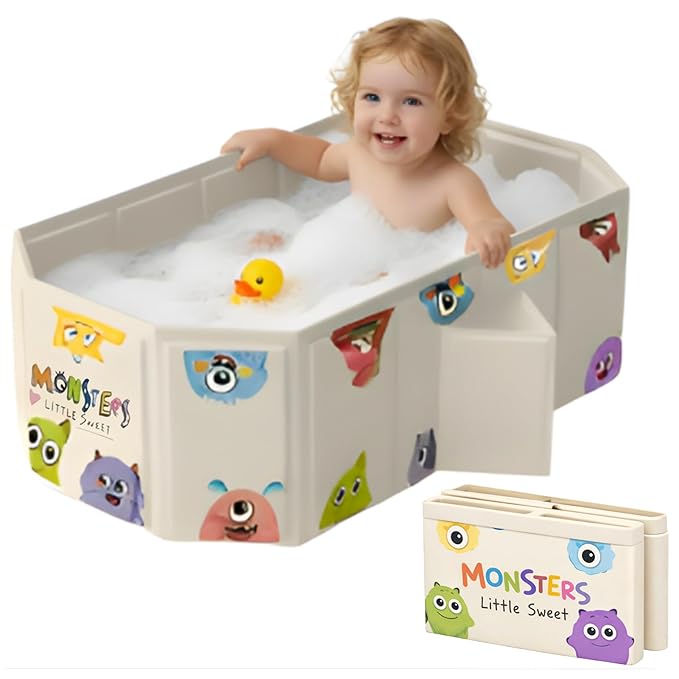 OhSoBig Collapsible Toddler Baby Bathtub - Foldable Portable Tub for Shower & Home, Non-Slip Base with Cushioned Bottom, Drain Plug, Space-Saving & Travel Bath Tub