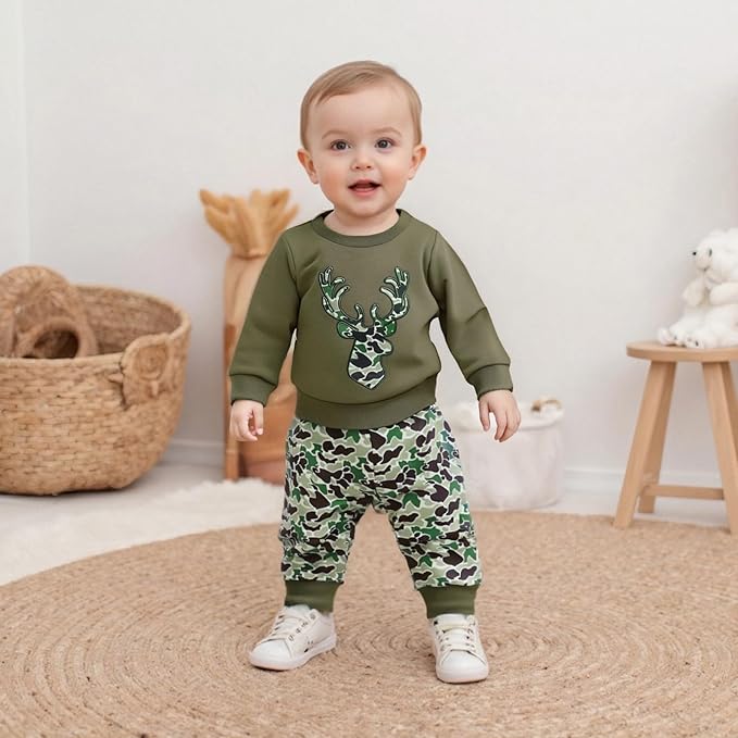 Muineobuka Toddler Baby Boy Hunting Clothes Reindeer Embroidery Sweatshirt and Camouflage Pants Outfits Baby Camo Clothing