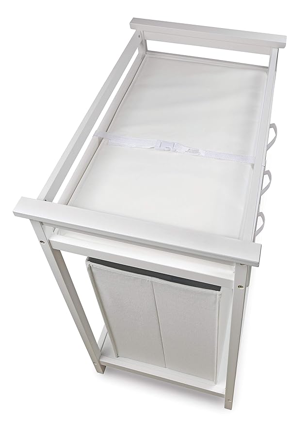 Badger Basket Modern Baby Changing Table - Nursery Furniture with Laundry Hamper and 3 Storage Drawers - Diaper Changing Station with Safety Belt, Changing Pad, and Organizer Baskets - White