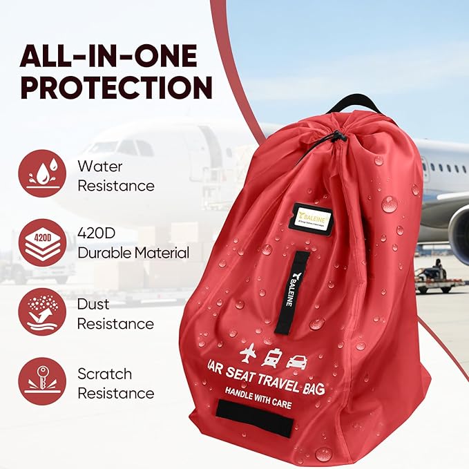 BALEINE Car Seat Travel Bag for Airplane, Water-Resistant Car Seat Bags for Air Travel, Foldable Cover with 3 Handles, Fits Toddler Carseat, Convertible and Booster Seats (Red)
