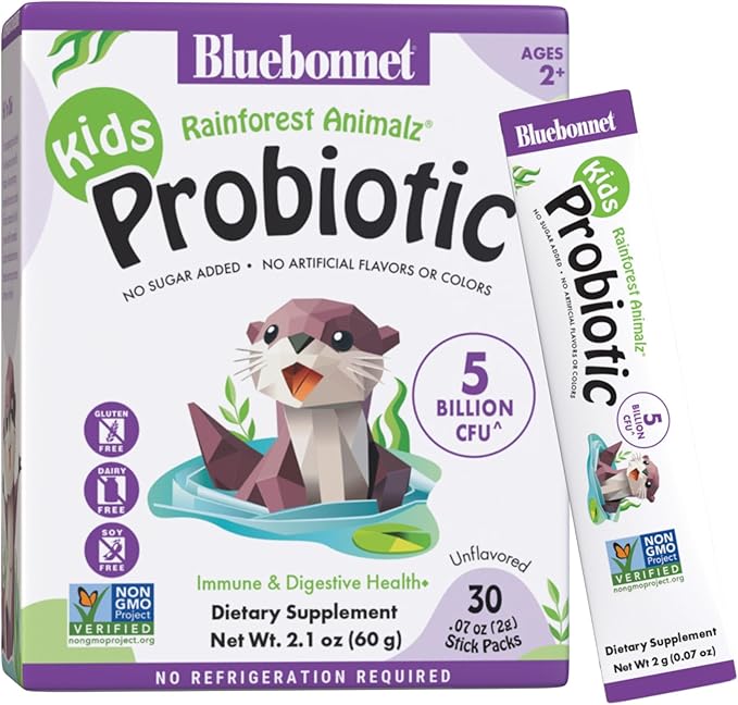 BlueBonnet Nutrition Rainforest Animalz Kids Probiotic 5 Billion CFU^ - Gut, Digestive & Immune Health - Non-GMO Free of Dairy, Gluten, Soy, Sugar, Artificial Flavor & Color - Unflavored, 30 Servings