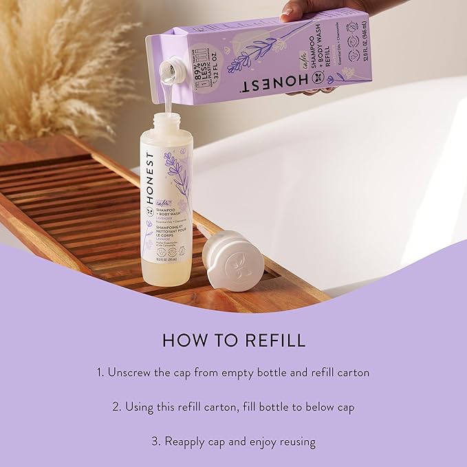 The Honest Company 2-in-1 Cleansing Shampoo Body Wash Refill Carton Gentle for Baby, Naturally Derived, Tear-free, Hypoallergenic, Lavender Calm, 32 fl oz