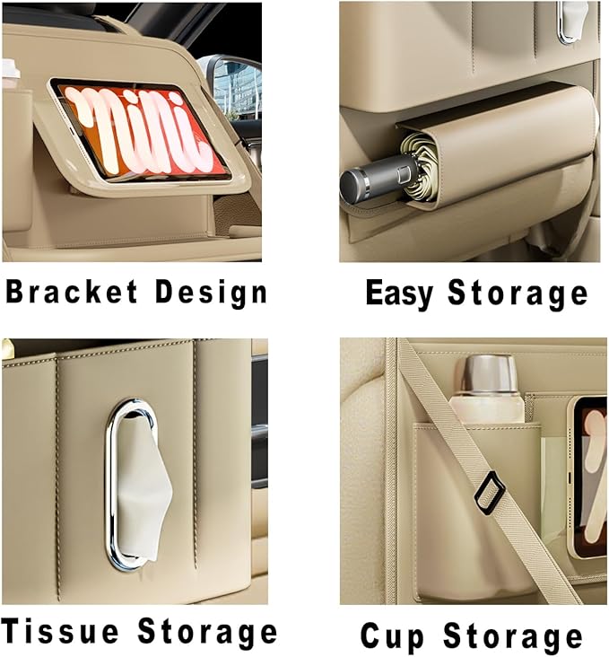 Car Seat Organizers,Multi-functional Back Seat Protectors, Storage Pouches, Child kicking prevention and Tray Holders (for Cars, Kids, Seat Back and Rear Seats) (Beige, 2 Pcs)