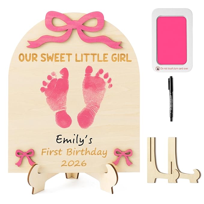 R HORSE 3D Pink Bow Baby's First Birthday DIY Footprint or Handprint Art Sign, Our Sweet Little Girl Wooden Hanging Decoration, Newborn Keepsake Gift for Baby Girl 1st Birthday Baby Shower Photo Prop