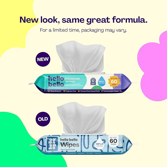 Hello Bello Premium Fragrance-Free Baby Wipes, with Chamomile & Aloe Extracts for Sensitive Skin - 12 Resealable Packs = 720 Total Wipes