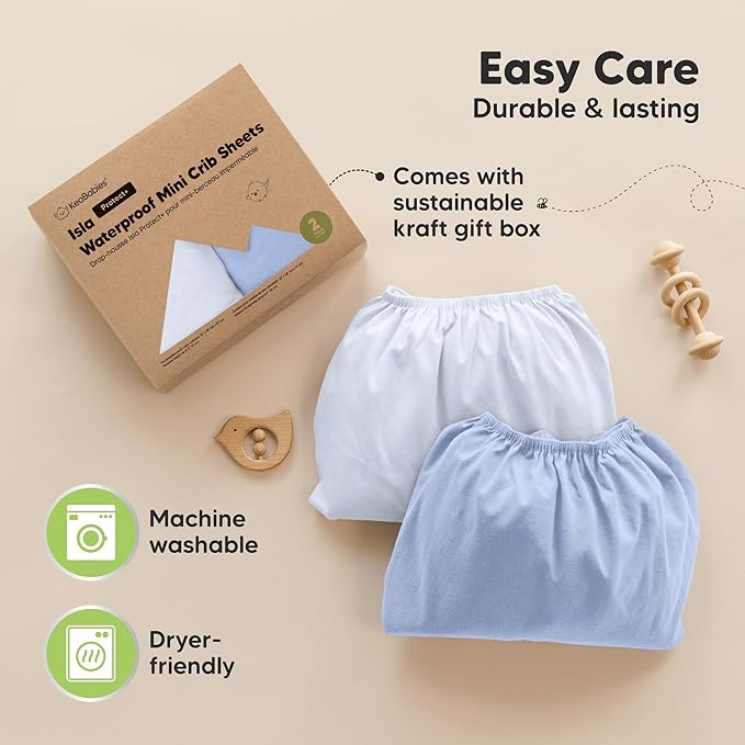 2-Pack Waterproof Pack and Play Sheets, Mini Crib Sheets Fitted for Boy, Girl - 38 x 26 Viscose from Bamboo Pack N Play Mattress Sheets for Graco, Toddler Playard Baby Crib Sheets Neutral (Blue Flax)