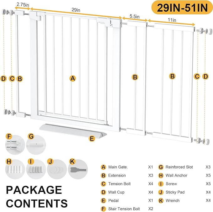 29-51 inches Extra Wide Metal Baby Gate for Stairs/Doorways, 30 inches Tall Pressure Mounted Pet Gates, Auto-Close Child Safety Gate, No Drilling Easy Walk-Through Dog Gate Indoor, White
