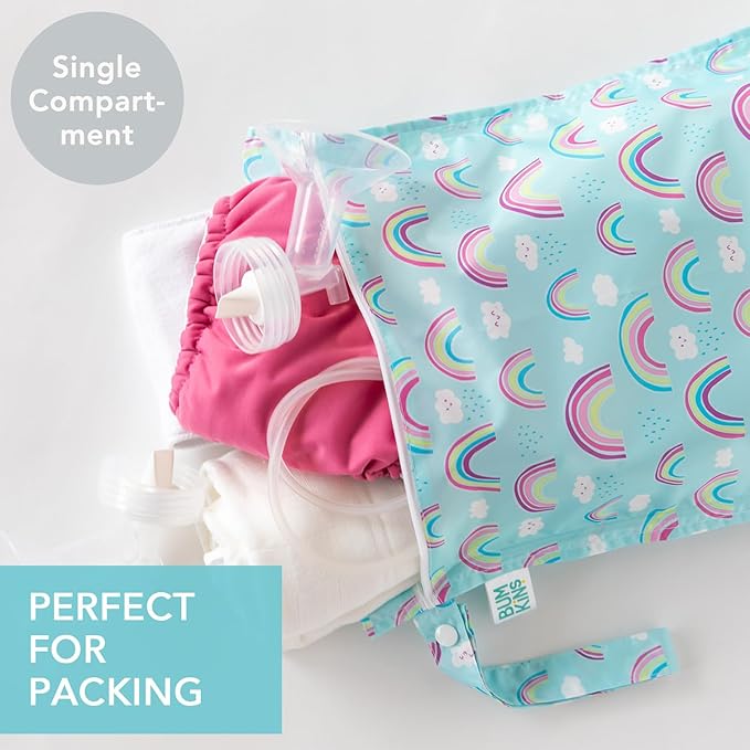 Bumkins Waterproof Wet Bag for Baby, Travel, Swim Suit, Cloth Diapers, Pump Parts, Pool, Beach, Gym Clothes, Toiletry, Hook to Stroller, Daycare, Zipper Reusable Wetdry Packing Pouch, Rainbows Blue