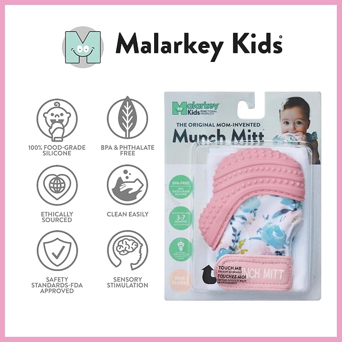 Malarkey Kids Patented Teething Mitten, Munch Mitt Baby Chew Toy - Protects Hands from Chewing & Saliva, Heals Aching Gums, Promotes Sound & Visual Stimulation for Babies - Pink Floral