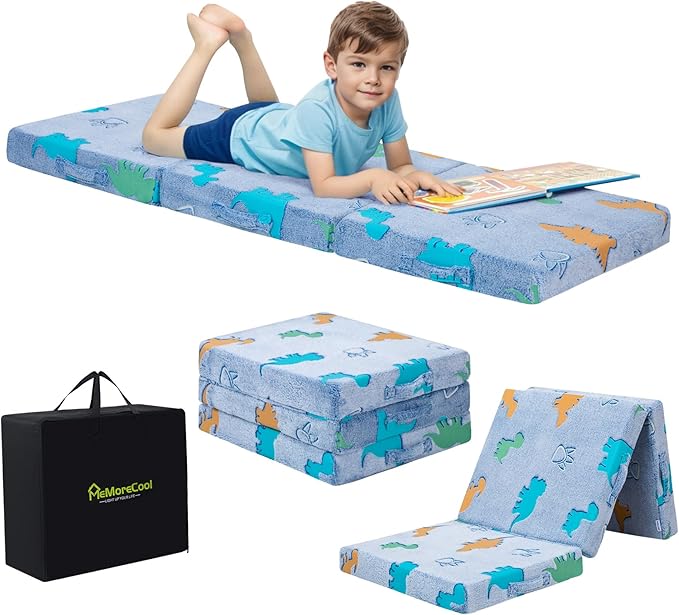 MeMoreCool Foldable Floor Mattress for Kids, Glow Dinosaur Trifold Mat, Kids Folding Mattress Portable Futon, 57x22 Inch Blue