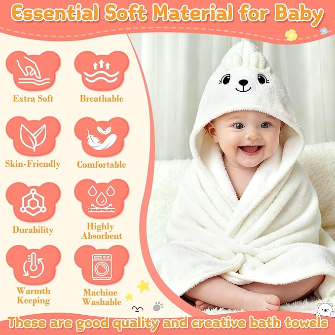 12 Pcs Baby Bath Towels Set for Infants Toddlers, 2 Pcs Animal Hooded Bath Towel, 2 Pcs Baby Burp Cloths & 8 Pcs Washcloths Set, Absorbent Soft Newborn Gift for Boys & Girls (Kitten & Bear)