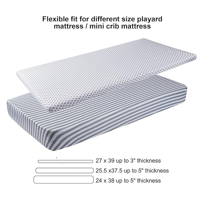 Onacosht Pack n Play Sheets 2 Pack Stretchy Jersey Knit Playard Fitted Sheets Portable Mini Crib Sheets Set, Convertible Playard Mattress Cover, White and Grey, Stripes and Dots