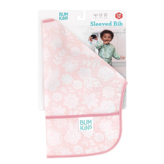 Bumkins Sleeved Bib for Girl or Boy, Baby and Toddler for 6-24 Mos, Essential Must Have for Eating, Feeding, Baby Led Weaning Supplies, Long Sleeve Mess Saving Food Catcher, Soft Fabric, Lace Pink