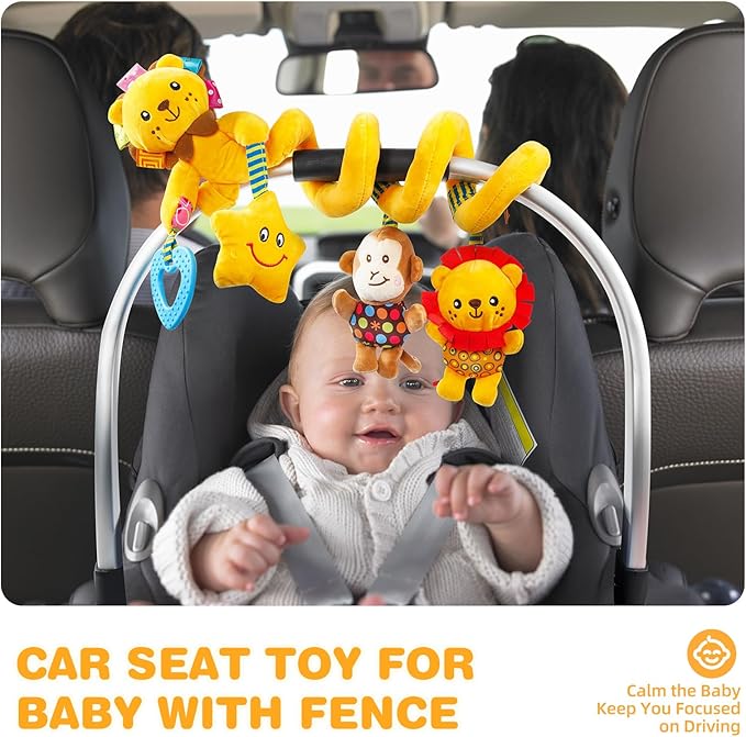Jollybaby Crib Stroller Car Seat Toys for Baby 0-3-6-9-12 Months, Tummy Time Hanging Sensory Toys for Newborn with Music Box and Teether, Spiral Carseat Toy for Baby Boys Girls Gifts (07-Little Lion)