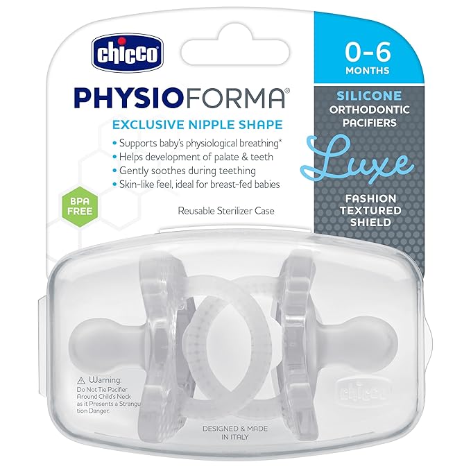 Chicco PhysioForma Luxe Orthodontic Pacifier, 0-6m | 100% Soft Silicone | Supports Breathing & Oral Development | Textured Shield & Handle | Includes Sterilizing Case | BPA Free | Crystal, 2pk