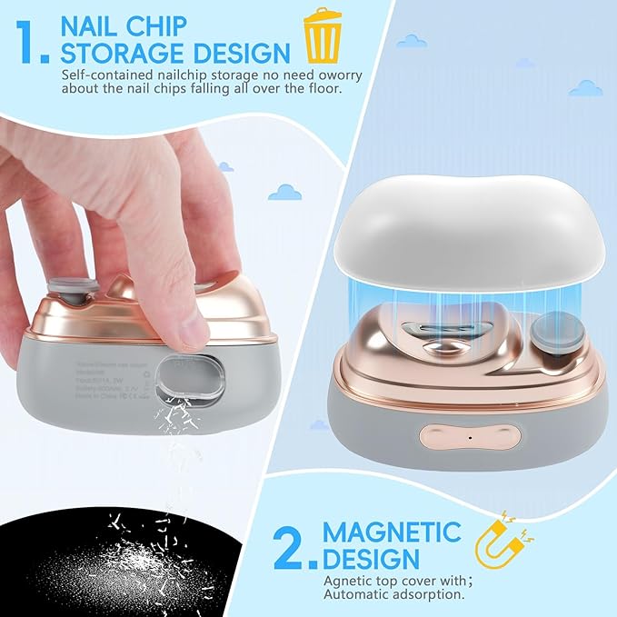 Electric Nail Trimmer: 3-in-1 Clipper, File & Polisher with Quiet 25dB Motor, LED Light & Automatic Catcher - 2-Speed USB Rechargeable Nail Clipper for Babies, Seniors, Adults