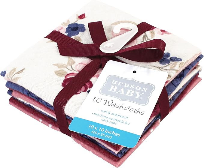 Hudson Baby Unisex Baby Flannel Cotton Washcloths, Dusty Rose Floral 10 Pack, One Size