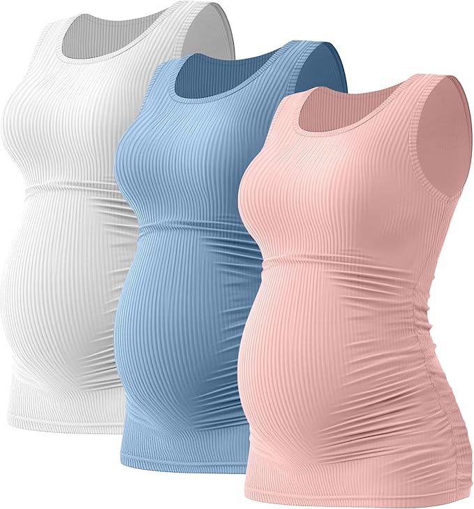 Riyiper 3 Pack Women's Maternity Tank Tops, Sleeveless Cotton Pregnancy Shirts Ribbed Knit Sides Ruched Basic Mama Clothes