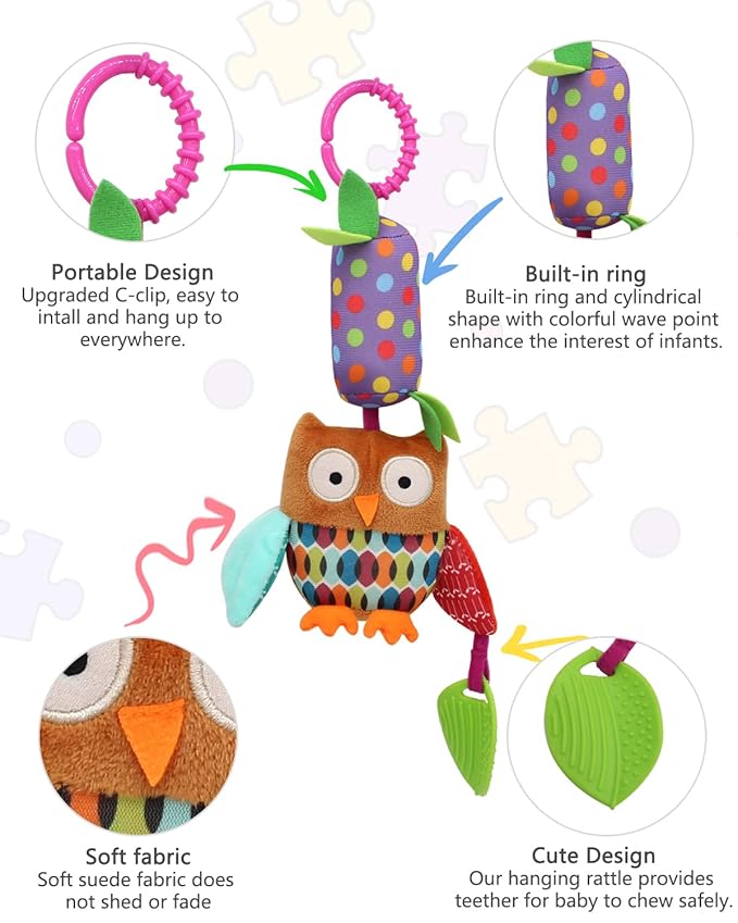 Bloobloomax Baby Soft Hanging Rattle, Car Seat Stroller Toys with Plush Animal C-Clip Ring for Infant Babies Boys and Girls 3 6 9 to 12 Months (4pcs)