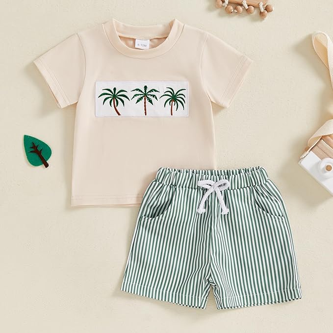 fhutpw Toddler Baby Boy Summer Clothes Tractor Letter Short Sleeve T-Shirt Tops Pockets Casual Shorts Set Infant Outfits