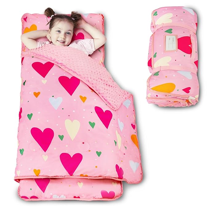 Toddler Nap Mat with Pillow and Minky Blanket, Large 55"x35" Sleeping Bag, Washable, Lightweight, Easy to Roll, Perfect for Preschool, Daycare, Kindergarten, Travel, Boys and Girls(Hearts)