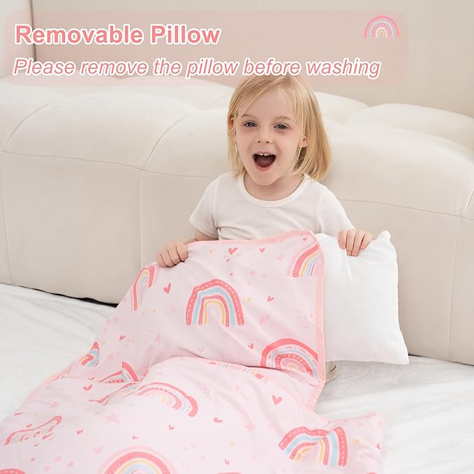 Viviland Toddler Nap Mat with Pillow and Minky Dot Blanket, Large Thick Rolled Sleeping/Slumber Bags, Kids Girls Sleeping Mat for Preschool, Daycare, Kindergarten, Travel Camping- Pink Rainbow