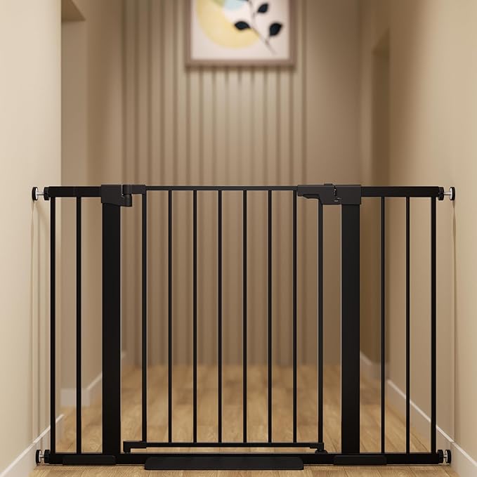 29-46 inches Metal Baby Gate for Stairs/Doorways, 30 inches Tall Pressure Mounted Pet Gates, Auto-Close Child Safety Gate, No Drilling Easy Walk-Through Dog Gate Indoor, Black