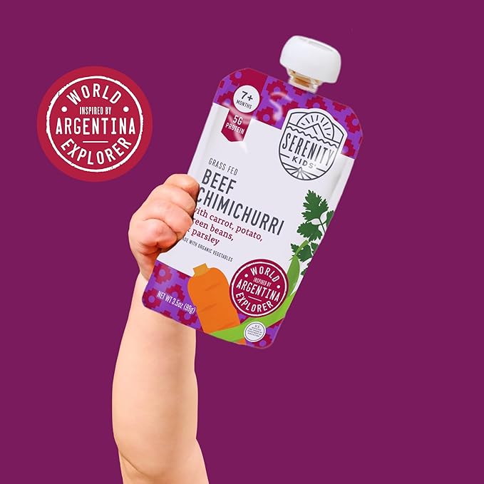 Serenity Kids 7+ Months Baby Food Pouches - Beef Chimichurri 3.5 oz Pack of 12-5g Protein Nutrient-Packed Meat Snacks - BPA-Free Organic Veggie Pouches - On-the-Go Toddler Snacks & Baby Essentials