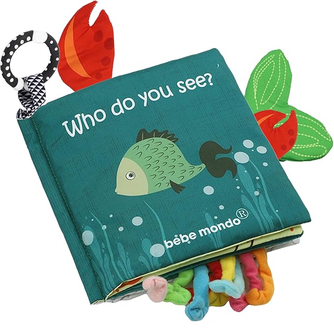 Fish Baby Books Toys, Touch and Feel Crinkle Cloth Books for Babies,Infant, Baby Toys 0-6-12 18 Months, Learning Education Soft Sensory Mirror Toy, Shower Gifts Christmas for Baby Boys Girls-Green