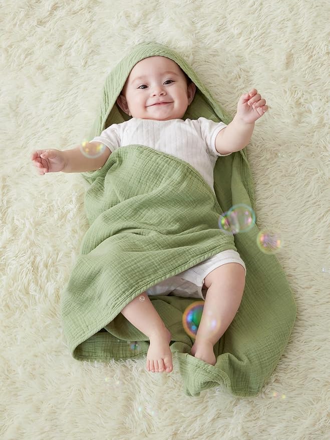 TILLYOU Muslin Hooded Baby Towels for Newborn 2 Pack, 32x32Inch Soft Baby Bath Towel Highly Absorbent for Newborn and Infant, Essential for Newborn Care, Forest Green and Light Green
