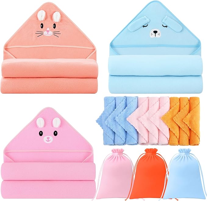 12 Pcs Baby Bath Towels Set, 3 Pcs Animal Hooded Baby Towels and 9 Pcs Washcloths Set for Newborn Infants Toddlers Ultra Absorbent Cute Soft Baby Towels for Boys Girls 31x31 inch