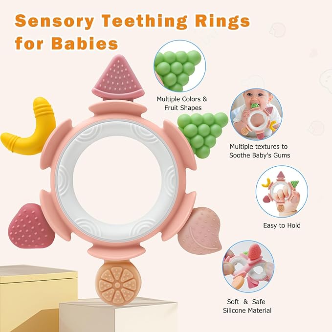 Baby Teething Ring Toy for 3-12 Months, Silicone Infant Teether for Sore Gum Relief, Soothing Sensory Chew Toy, Ideal Newborn Gift for Boys Girls Baby Shower, Birthday or Valentines Day, Pink