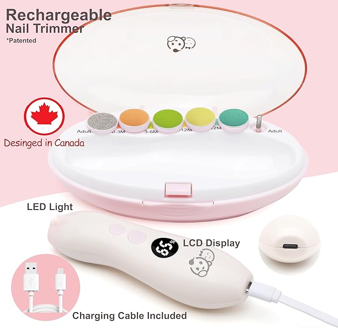 Royal Angels Rechargeable 22 in 1 Baby Nail Trimmer with LCD Display, Labeled Case, 13 Extra Pads, Safe Quiet LED Light Electric Baby Nail File Kit for Newborns Toddlers (WhitePink)