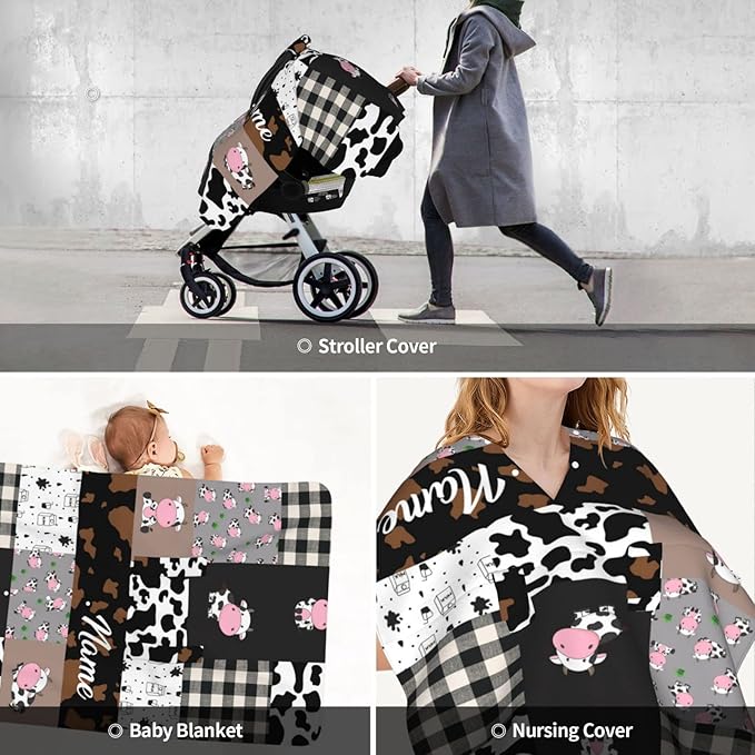 Personalized Cute Cow Baby Car Seat Canopy for Babies with Name, Custom Cow Stripes Car Seat Covers for Boys Girls, Opening Minky Nursing Breastfeeding Cover Infant Carseat Canopies for Newborn