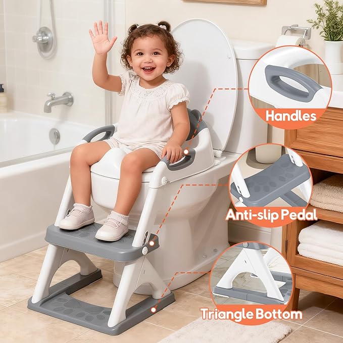 Potty Training Seat, SKYROKU Upgrade Toddler Toilet Seat for Kids, 2in1 Potty Training Toilet, Guard Anti-Slip Pad Step Stool,New Sector-Shape Stabilized Base and Heavier More Reliable (8899 Grey)