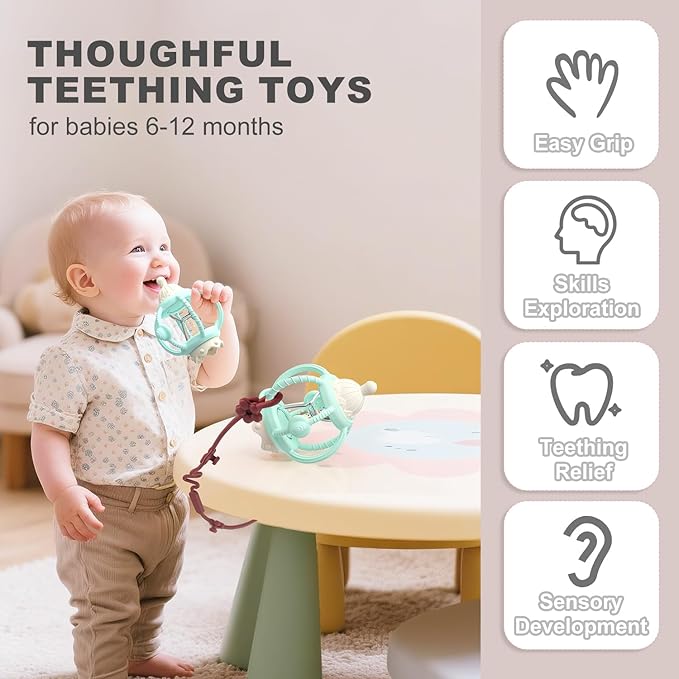 Teething Rattles for Babies 0-6 Months 6-12 Months, Silicone Rattle Teether with Pacifier, Baby Montessori Toys 6-18 Months, Infant & Toddler Molar Teething Relief, Boys Girls Essential Gifts (Mint)