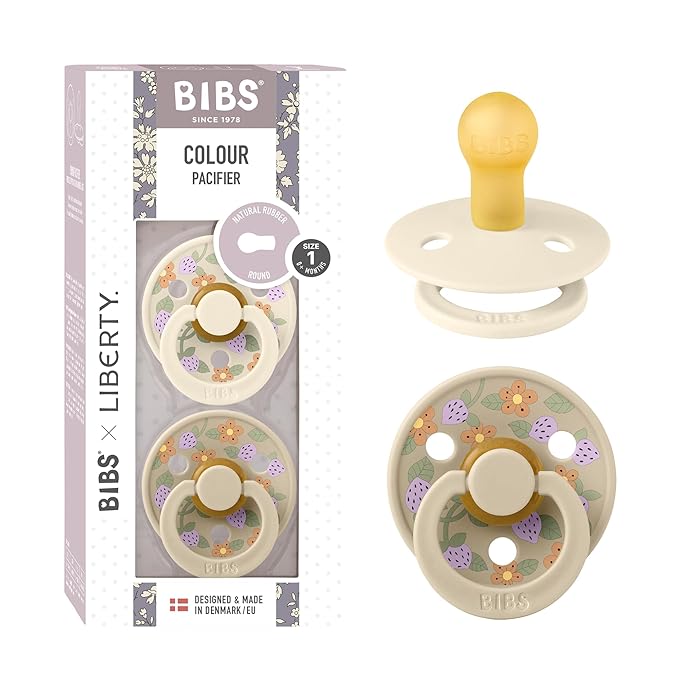 BiBS Liberty Pacifier 2-Pack, BPA Free Pacfiers with Natural Latex Round Nipple, Made in Scandinavia, Size 1 (0-6 Months), Strawberries and Cream Ivory Mix