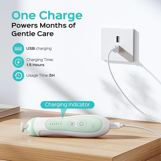 COSLUS C52 Rechargeable Baby Nail File: Cordless Baby Nail Trimmer Electric with 5 Speeds & 6 Grinding Heads for Baby Kid, CPC Certified and Quiet Design - Safe for Sleep Trim Buffer, Green