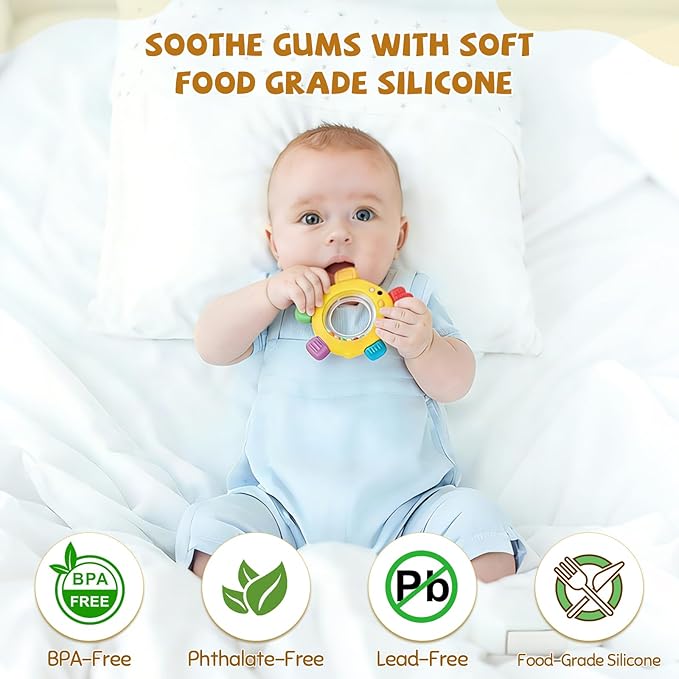 Baby Teething Toy for Babies Over 3 Months, BPA-Free Silicone Teether, Teething Relief & Fun Play with Rattle, Perfect Baby Easter Basket Stuffers & Baby Toys